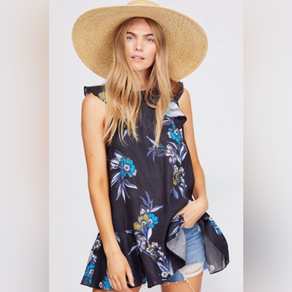 Free People Summer In Tulum Linen Blend Tunic Small Floral Ruffle